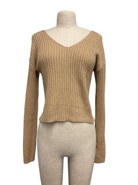 Wild Fable Ribbed Knit V-Neck Long Sleeve Camel Sweater Size S